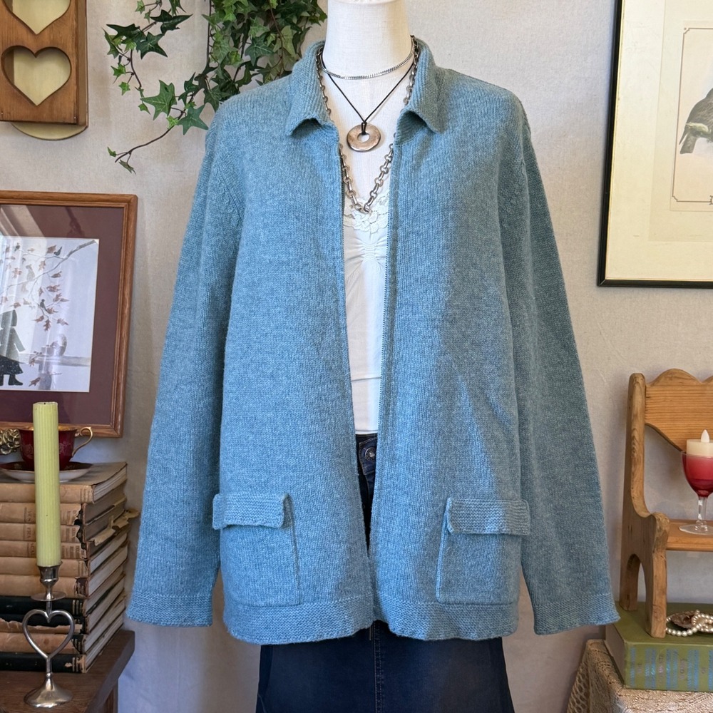 Blue Solid Lambswool Cardigan Zip-up Granola Grunge Grandpa Sweater Vintage L